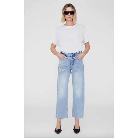 Anine Bing Gavin High Rise Distressed Straight Jeans Washed Blue Crop US 25 - Picture 1 of 15